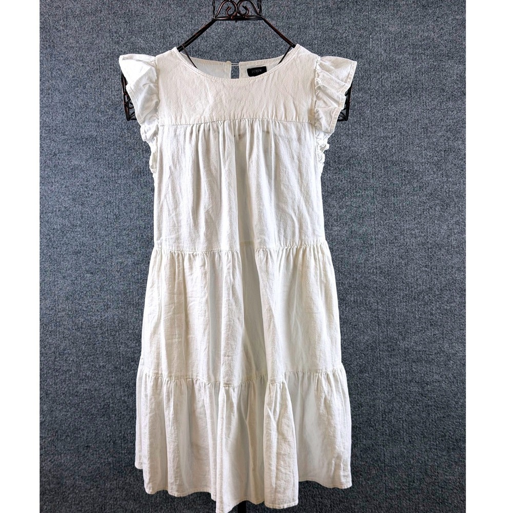 J.Crew White Linen Ruffle Mini Dress Sz 4 Sleeveless Babydoll Coastal Preppy